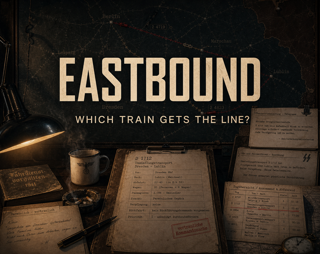 EASTBOUND title art over a railway map and period desk.