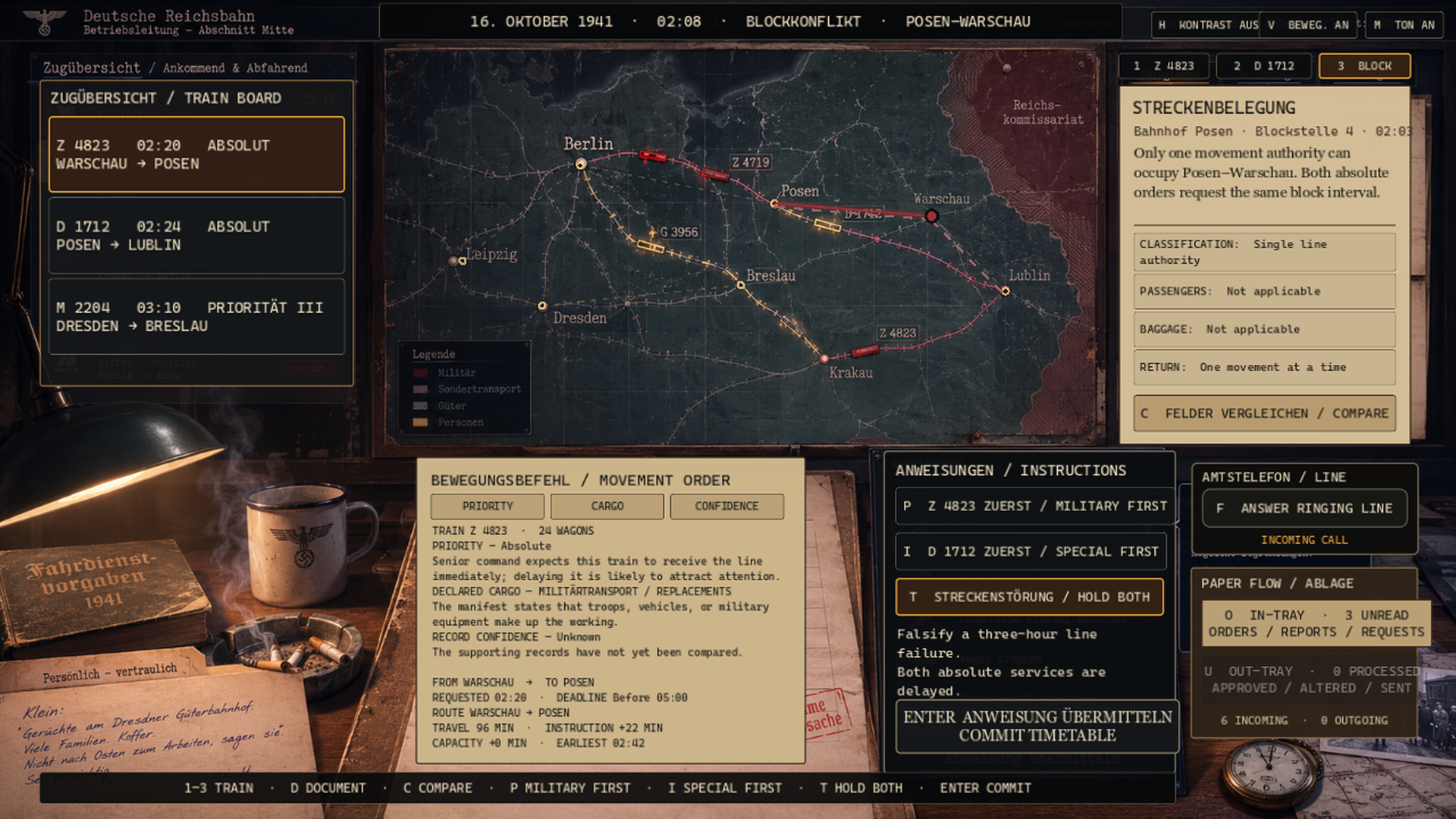 EASTBOUND gameplay showing a railway map, train board, paperwork and route decisions at the desk.