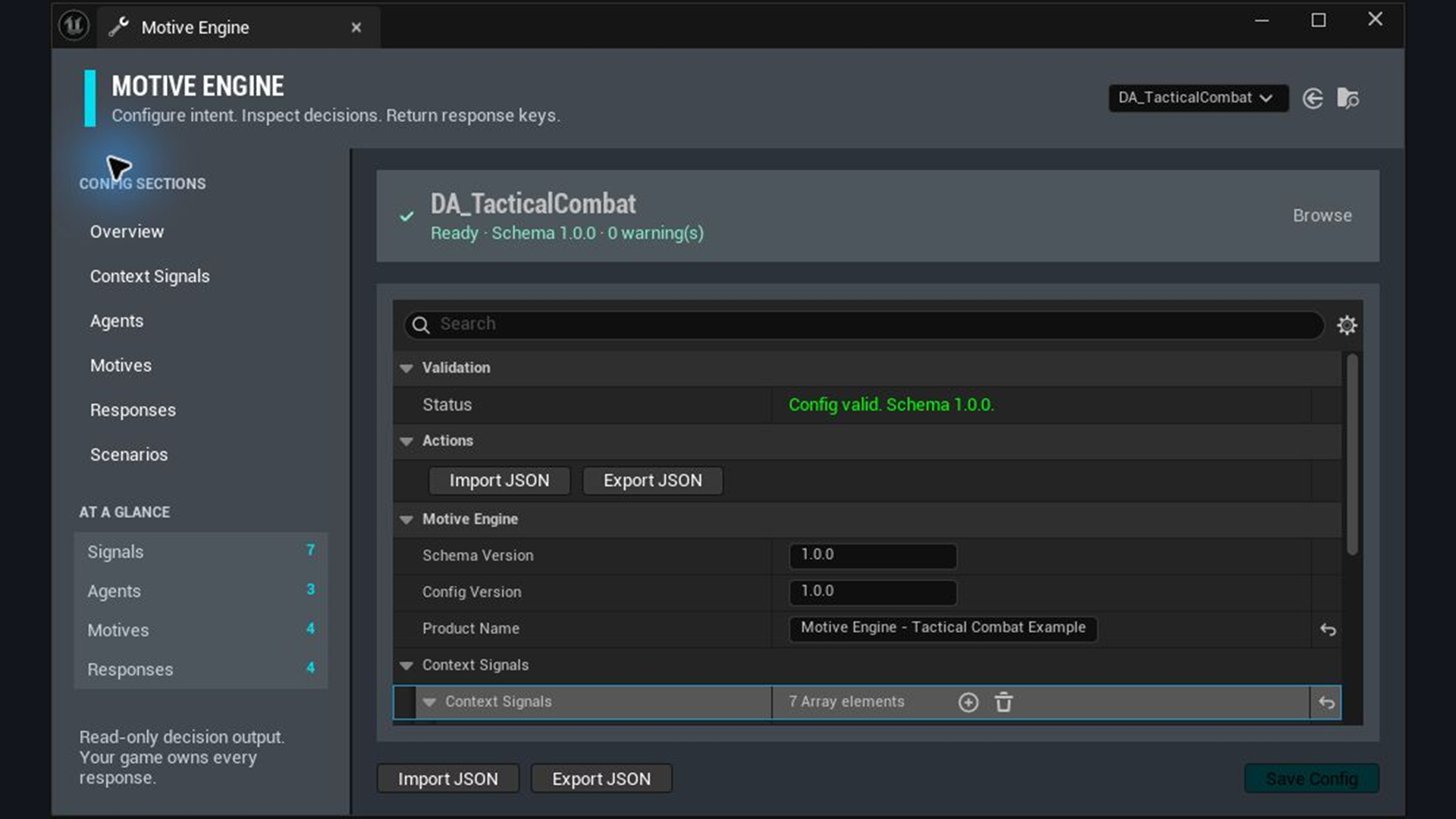 Motive Engine configuration editor showing its signals, agents, motives, responses and validation status.
