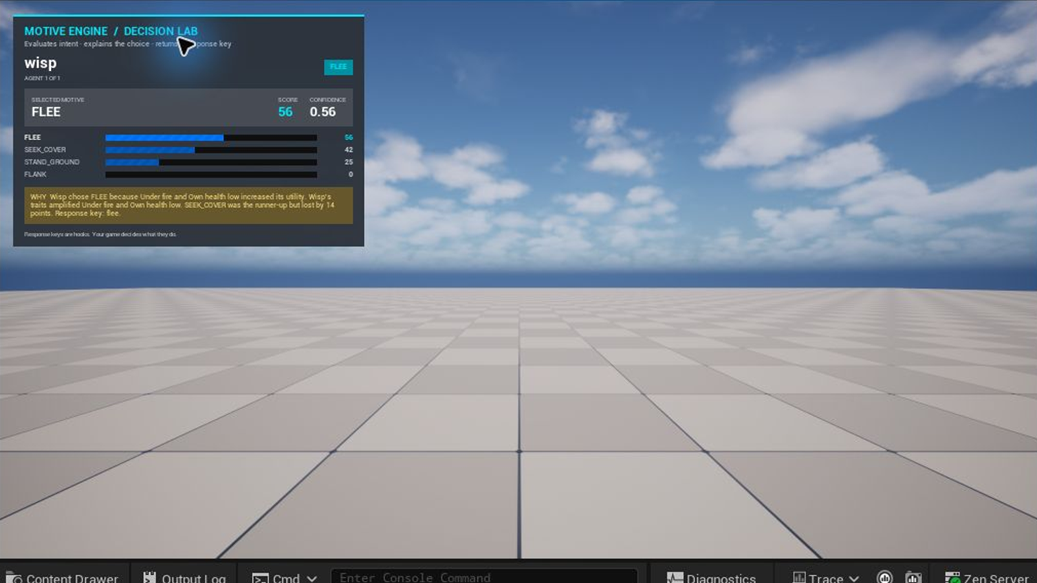 Motive Engine decision lab running in Unreal Engine with ranked motives and an explanation panel.