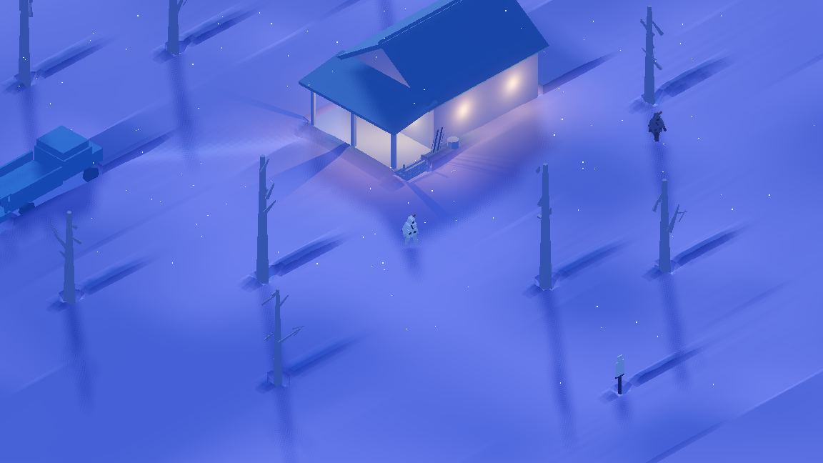 SNØ gameplay during a blizzard around the warm-lit cabin.