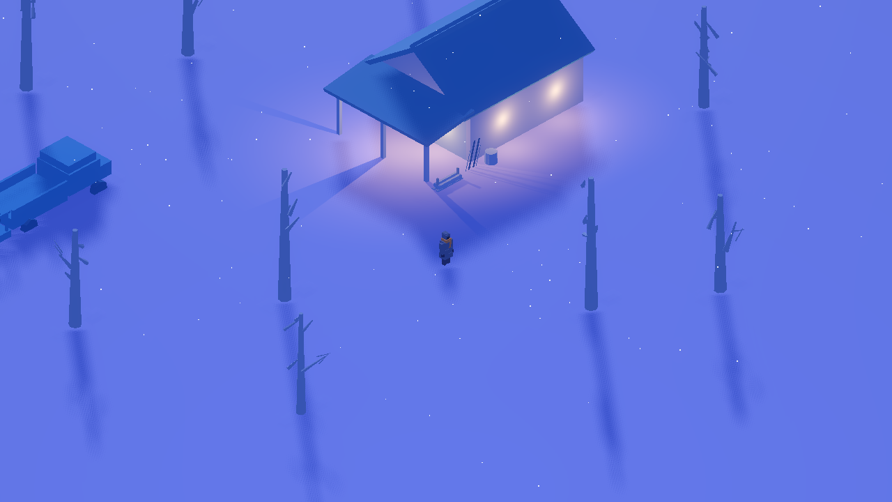 An isometric blue-hour winter homestead in SNØ, with a lone marksman standing in the snow.