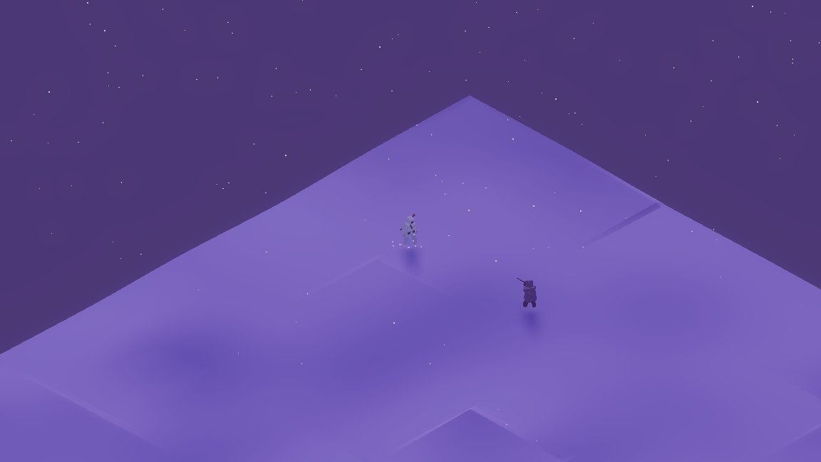 Two armed figures facing each other across the snow in SNØ.