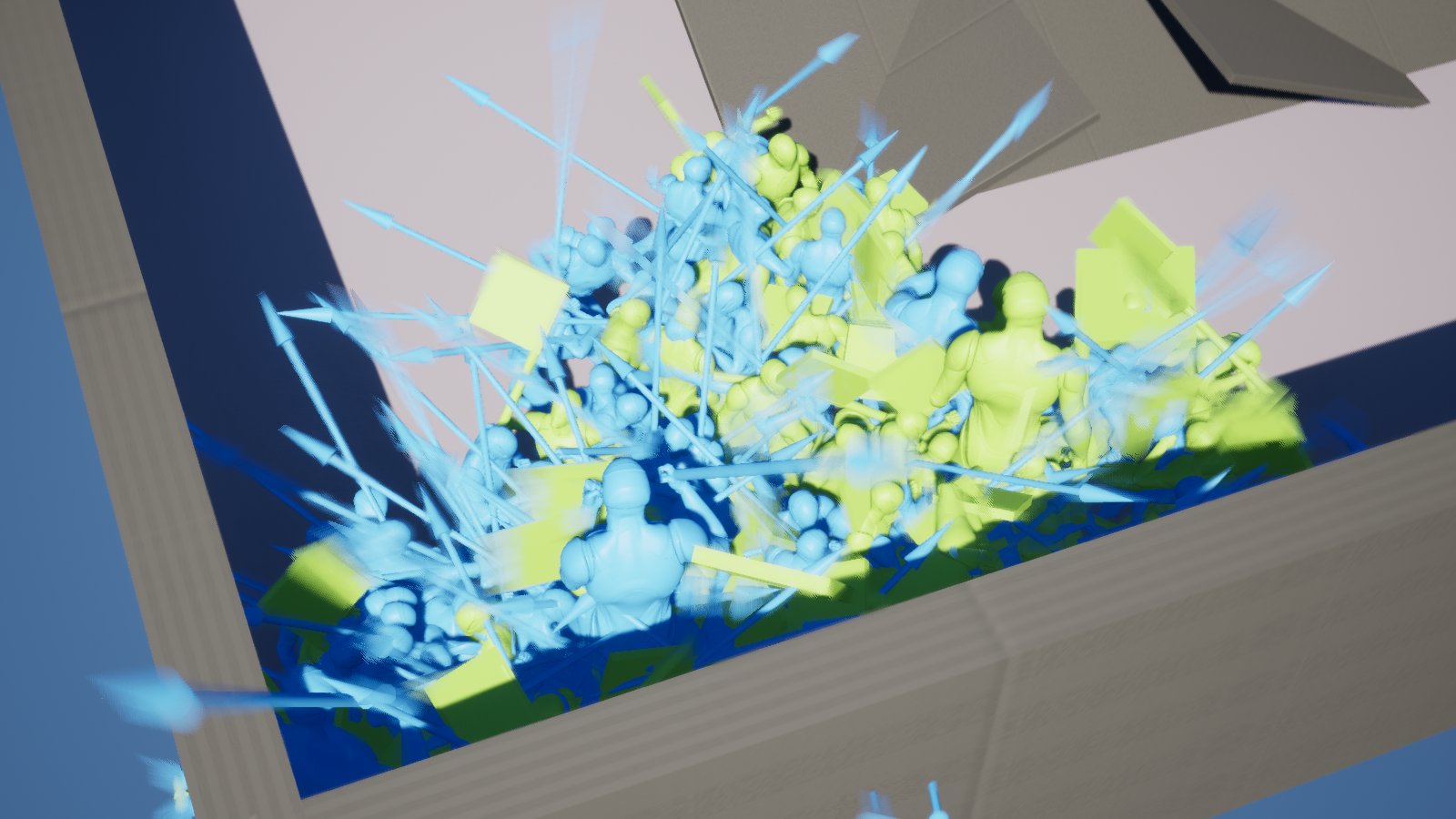 Undivided: four greybox armies fighting in the corners of a walled arena.