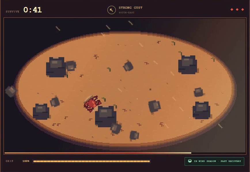 WIND//SWEPT gameplay showing a small scorpion sheltering among rocks in a desert arena.